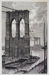 New York: Brooklyn Bridge pæle under opførelse - i "The World Tour"", 2. semester 1881 af Unknown artist