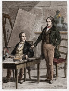 Niepce læser for Louis Daguerre i beskrivelsen af heliografi, til fiksering af billeder fra camera obscura - Nicephore Niepce (1765-1833), fransk opfinder, fotografisk pioner, læser for Daguerre beskrivelsen af hans metode til fiksering af i af Unknown artist