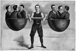 Nino ung italiensk 24-årig i vintercirkus med seks mænd i armen. Fra et foto fra 1898. af Unknown artist