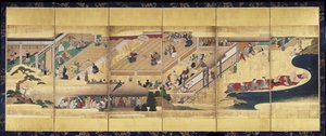 Noh Play: Funa Benkei (blæk, farver og guld på papir, skærm med seks paneler) af Unknown artist