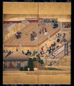 Noh Play: Funa Benkei (blæk, farver og guld på papir, skærm med seks paneler) af Unknown artist