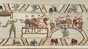 Normanniske tjenere forbereder en banket for William, og biskop Odo velsigner måltidet, Bayeux Tapestry (uldbroderi på linned) af Unknown artist