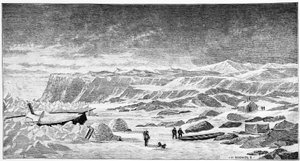 Nordpolen: Igloer og isbryderbåd (Ice Breeze), tegning, forår 1873. af Unknown artist