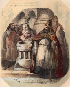 Notger (930-1008) (Notker af Liege), eveque af Liege, under dåben af Otton III (980-1002), konge af Tyskland. Indgravering fra 1868 i "Histoire de Belgique fra primitiv tid til slutningen af Leopold I