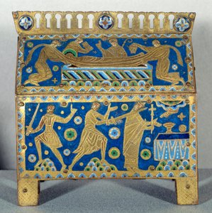 Kunstgenstand: Emaljejagt, guld og kobber af Saint Thomas Becket (1118-1170), ærkebiskop af Canterbury. Det er dekoreret for fremstillinger af mordet på arkeveket den 29/12/1170 i Cathedrale of Cantorbery og dets begravelse. 1220 ca. af Unknown artist