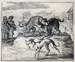 Gammelt engelsk ordsprog: to hunde stræber efter en knogle og den tredje tager den væk af Unknown artist