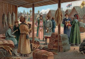 Gamle indkøbscentre: Pelsmesse i Novgorod (Veliky Novgorod), Rusland i det 19. århundrede. Kromolitografi fra slutningen af det 19. århundrede af Unknown artist