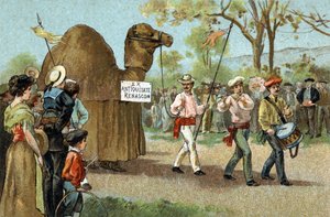 Gammel skik, der fejres i Languedoc-regionen: Kamelvandringen på Sankt Afrodites dag. Kromolitografi i slutningen af det 19. århundrede. af Unknown artist