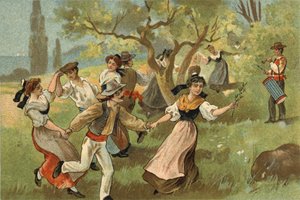 Gammel skik, der fejres i Provence-regionen: Farandolen til høstfester for silkeorme. Kromolitografi i slutningen af det 19. århundrede. af Unknown artist