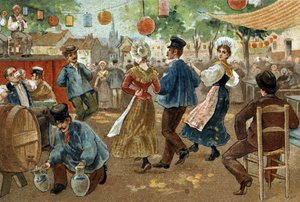 Gammel skik, der fejres i regionen Flandern: Flemish Fair. Kromolitografi i slutningen af det 19. århundrede. af Unknown artist
