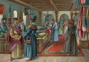 Gamle indkøbscentre: linnedhal i Brugge, Belgien i det 15. århundrede. Kromolitografi i slutningen af det 19. århundrede af Unknown artist