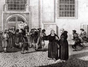 Den 31/10/1517 postede Luther på porten til Wittenberg Slot sine 95 teser "", der fordømte salget af afladsbreve, og som markerede begyndelsen på reformationen - grav. af Unknown artist