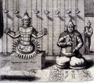 Til venstre har hinduistisk guddom otte arme, til højre Amida, japansk Buddha. "De China Monumenta" af Athanasius Kircher (1601 - 1680), jesuit, orientalist og tysk lærd, Amsterdam 1667. af Unknown artist