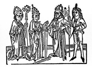 Til venstre: biskoppen, paven, kejseren og den adelige rytter. De vigtigste repræsentanter for de sociale klasser i den feudale æra. Indgravering fra “Leben der Heiligen - sommerteil” (Helgenbogen) af Jacobus (James) af Voragine (1228-1298). Lu af Unknown artist