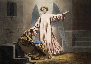 Når den er stoppet to gange, bliver Sankt Peter befriet af en engel. Anonym stik fra midten af 1800-tallet. af Unknown artist