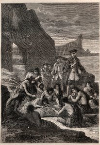 En af dem afkoblet med tænderne: Viceadmiral John Byron (1723-1786) på en af øerne i Detroit of Magellan - Fuegians (indbyggerne i Tierra del Fuego) decouperer med tænderne en hval, der var blevet revet og forstenet på stranden - syg af Unknown artist