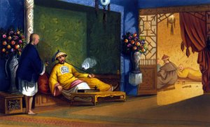 Opium fumery i Kina, gravering omkring 1830. af Unknown artist