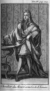 Ridderordener. Ridder af Karmelbjerget og Sankt Lazarus i Frankrig i det 17. århundrede. I "" Historien om militære ordener eller riddere, om de seculiere og regulære militser af begge køn, som er blevet etableret indtil nu. Udgave taget fra Abbe Giust af Unknown artist