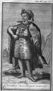 Ridderordener. Knight of the Dragon flips. I "" Historien om militære ordener eller riddere, om de sikre og rutineprægede militser af begge køn, som er blevet etableret indtil videre. Udgave taget fra Abbe Giustiniani, R.P.Bonani, M. Herman, Schoonebeek, R af Unknown artist
