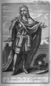 Ridderordener. Ridder af elefanten i Danmark i 1400-tallet. I "" Historien om militære ordener eller riddere, om de sikre og rutineprægede militser af begge køn, som er blevet etableret indtil videre. Udgave taget fra Abbe Giustiniani, R.P.Bonani, M af Unknown artist