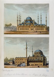 Det Osmanniske Rige: Blå moské (eller Sultanahmet Camii) bygget af Sultan Ahmet (Ahmed) I og Laleli-moskeen i Istanbul - i "" Den antikke og moderne kostume""" af Ferrario, ed Milan af Unknown artist