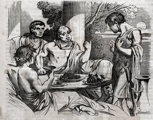 Udendørs banketscene - Vitellius (Aulus Vitellius Germanicus Imperator Augustus) romersk kejser (15-69) giver en fest - indgravering i "" The Universal Health - Medical Guide for Families"" 1852 af Unknown artist