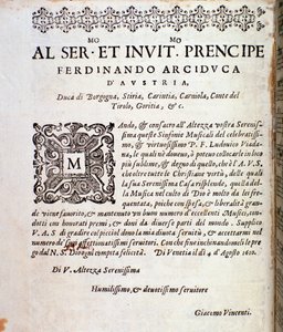 Side med dedikation til Ferdinand af Østrig i musikpartitur af symfonier af Ludovico Viadana af Unknown artist