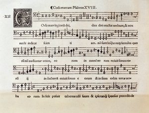 Side med partitur af Salme XVIII af Willaert (1538) af Unknown artist