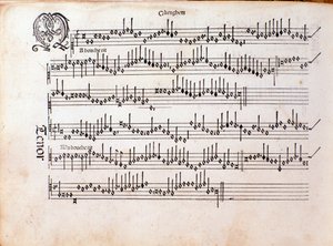 Side med partitur af Harmonice Musices Odhecaton af Ottaviano Petrucci (1501) af Unknown artist