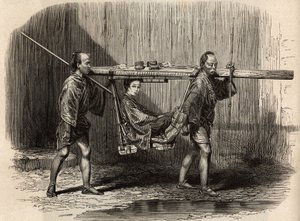 Palanquin har brug for folket, åben, brugeren sætter sine ejendele på taget, inden han sætter sig ind for at foretage sin rejse. Gravering til illustration af rejsen til Japan i 1863-1864 af Aime Humbert, minister for Det Schweiziske Forbund, i "Le tour du af Unknown artist