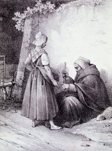 Palmistry: en gammel spåkone læser en ung piges hånd (gravering) af Unknown artist
