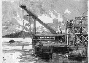 Panamakanalen fungerer. Hovedmaskiner: Bigue-pontonen. Gravering i "" Le Monde Illustré"" af Unknown artist