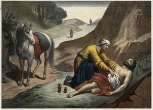 Lignelsen om den barmhjertige samaritaner - Lignelsen om den barmhjertige samaritaner: samaritaneren stoppede på vej for at redde den døende mand. Anonym stik fra midten af 1800-tallet. af Unknown artist