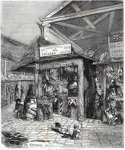 Paris 3. arrondissement - Carre de la Foret-Noire: salg af læder og sko i Le Carreau du Temple i det 19. århundrede - Indgravering i "" Tableau-de-Paris"" af Edmond Texier af Unknown artist