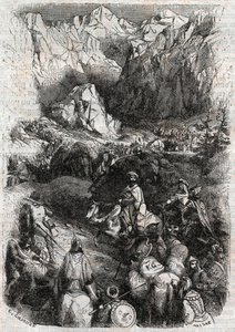 Passage af Pyrenæerne af maurerne - indgravering af 1851 fra "" Furious Roland"" (Orlando furioso) (1500-tallet) af Ludovico Ariosto, kendt som Ariosta - Udgave oversat fra italiensk af greven af Tressan og udgivet af Gustave Harvard 1851 af Unknown artist