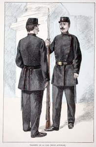 Fredsbevarende (Lepine periode). Radering i farver til illustration "" History of the corps of peacekeepers""" bog udgivet i regi af Louis Lepine (1846-1933), præfekt for politiet på Seinen, af Alfred Rey (1864-?) og Louis Feron (1862) - af Unknown artist