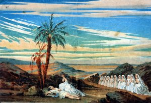 Opførelse af den sidste scene i akt IV af "Dronningen af Saba", opera komponeret af Karl Goldmark (1830 - 1915). af Unknown artist