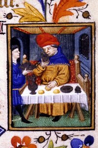 Januar måneds forestilling. En tjener sætter mad på sin herres bord. Miniature af et manuskript fra det 14. århundrede. af Unknown artist