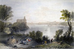 Persenberg Slot i Tyskland. I forgrunden træarbejderne på arbejde. Indgravering af det 19. århundrede. af Unknown artist