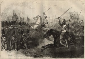 Persisk Anglo (anglo-persisk) krig (1856-1857): angrebet af det 3. britiske indo-kavaleri kommanderet af kaptajn Forbes under slaget ved Koosh-Ab (Koosh Ab, Kooshab) den 8. februar af Unknown artist