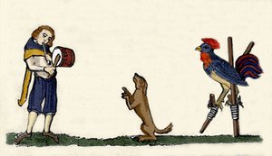 Kæledyr trænet: en hund og en hane danser på stillbilleder til trommens rytme. Gravering fra et manuskript fra 1344 fra Bodleian-biblioteket i Oxford. af Unknown artist