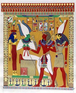 Farao Merenptah 1. (eller Mineptah, Merneptah) (1213-1204 f.Kr.) guidet af Horus i nærværelse af Osiris og Athyr infernal. Fra venstre: Athyr, Osiris, Merenptah I og Horus. (Biban-el-Moluk) - i "" Monuments of Egypt and Upper Nubia"" af Ippolito Rosel af Unknown artist