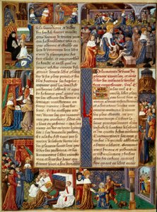 Piete-scene: "" Kong Ludvig IX (1214-1270) (Saint Louis) vasker de fattiges fødder, kongen beder og scener med kristen velgørenhed fra kongen"" Miniature fra et manuskript "" The Book of Facts of Monsignor Saint Louis”” 1400-tallet. Paris, B.N af Unknown artist
