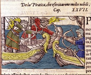 Pirateri blev praktiseret af mange skandinaviske adelige kvinder. Indgravering fra "Historia de gentium septentrionalium" af Olaus Magnus, Venedig 1567. af Unknown artist