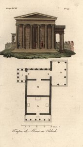 Plan og højde af Erechtheion eller Erechtheum A, Temple of Neptun B, Temple of Minerva Polias med Porch of the Caryatid C, og Temple of Pandrosus eller Pandrosion D af Unknown artist