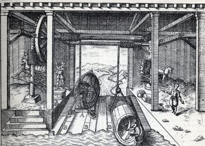 Planlæg hældning for både i det 16. århundrede på lagunerne ved Brenta (floden) i det nordlige Italien. Indgravering i ""La Nature"" af Unknown artist