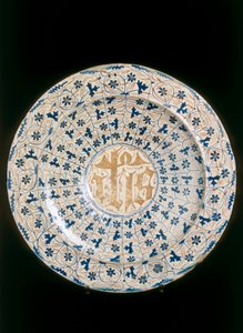Tallerken med krystalliseret monogram, Valencia fabrikation af Unknown artist