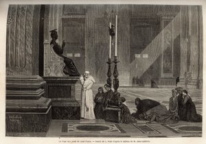 Pave Pius IX (pio 9) (1792-1878) samlet ved foden af statuen af St. Peter, ved indgangen til basilikaen, i Vatikanet. Gravering til illustration af Rom-historien, af Francis Wey, i 1864-1868, udgivet i "" le tour du monde", redigeret af D