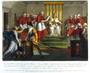 Pave Pius VII (1742 - 1823) ekskommunerede Napoleon Bonaparte den 10. juni 1809. Indgravering af det 19. århundrede. af Unknown artist