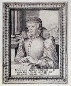Portræt af Catherine de Medicis (Caterina de Medici) (1519-1589), dronning af Frankrig. Gravering af det 16. århundrede. Pau, Musee du Chateau af Unknown artist